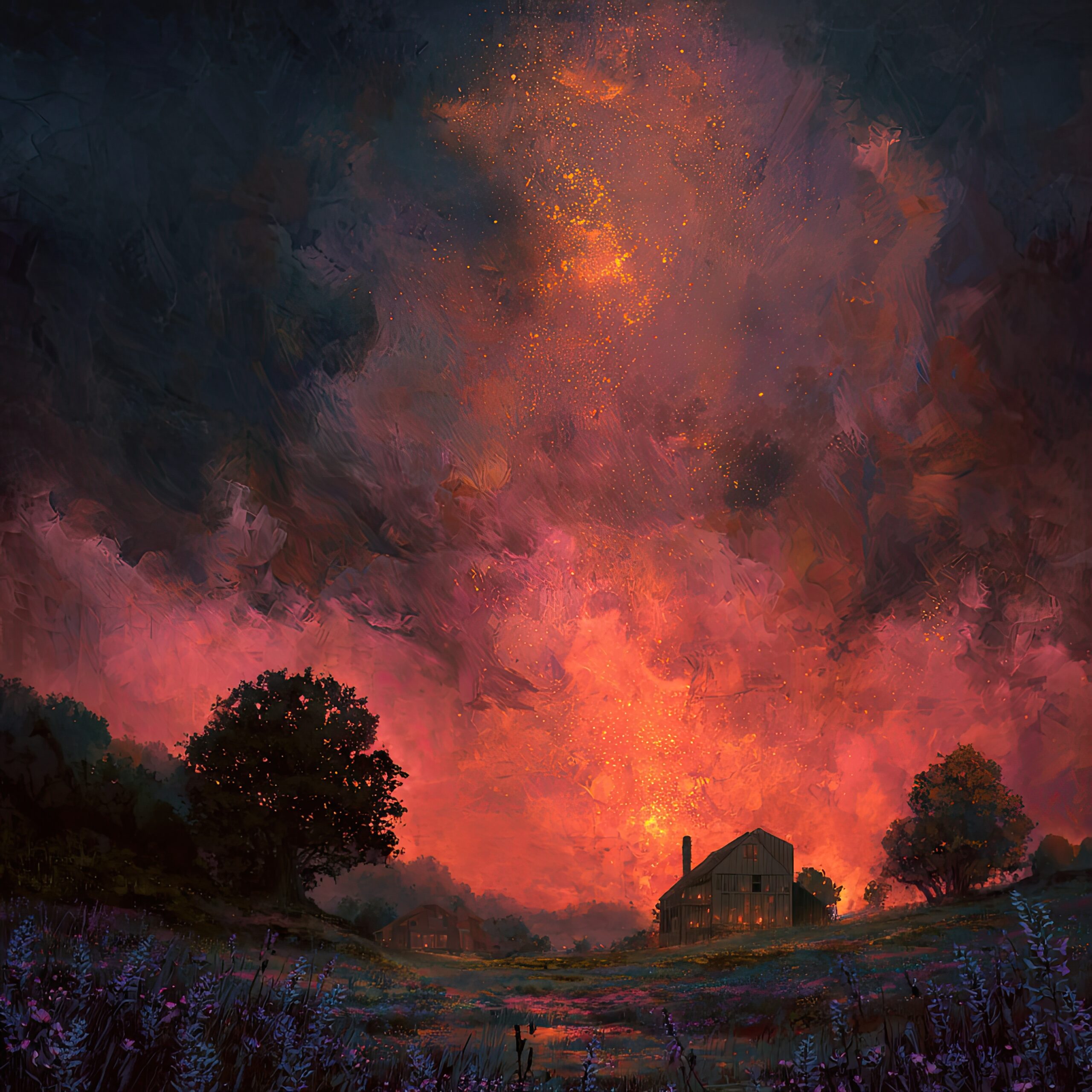 Crimson sunset over a rustic landscape