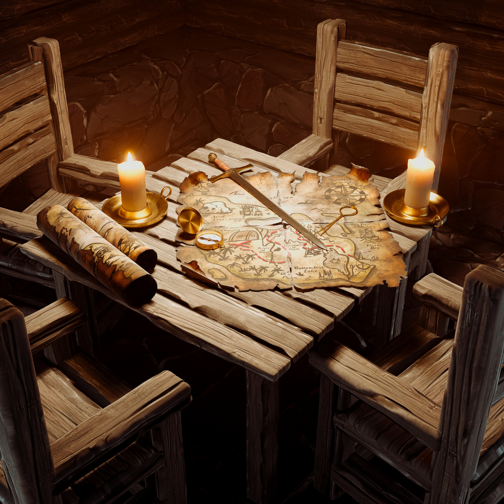 TableMeeting A fantasy table with maps and candles by Dabarti at Adobe Stock