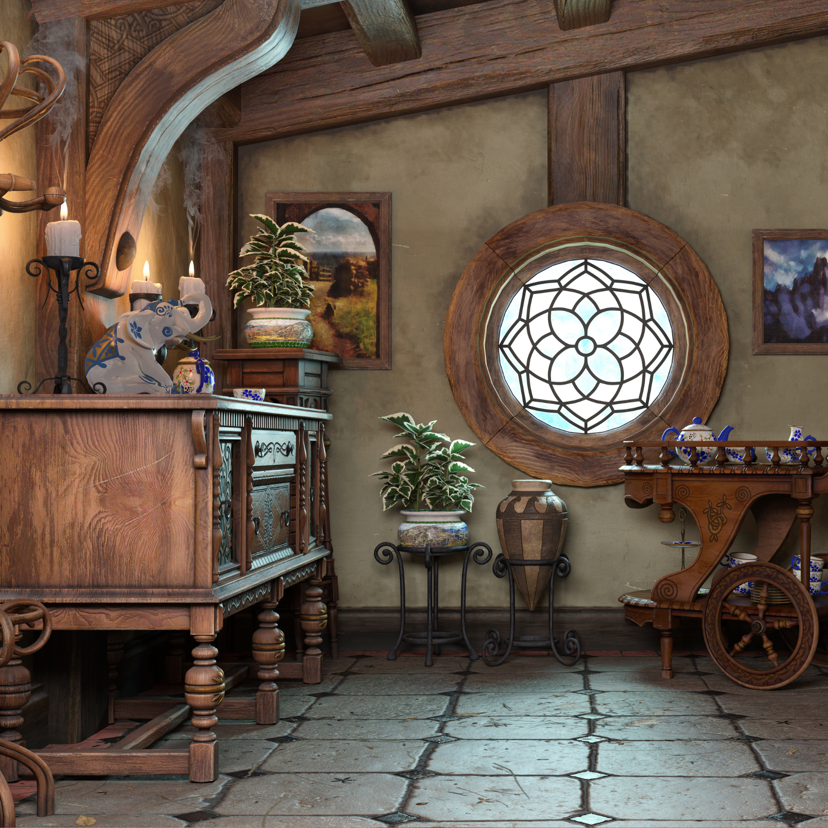Fantasy tiny storybook style home interior cottage room background with rustic accents and a small round window by Digital Storm Adobe Stock